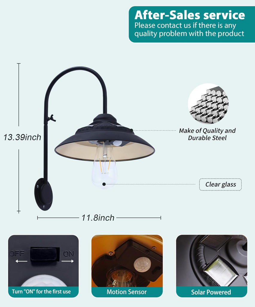 Solar Barn Lights with Motion Sensor for Outside - 2 Pack Black