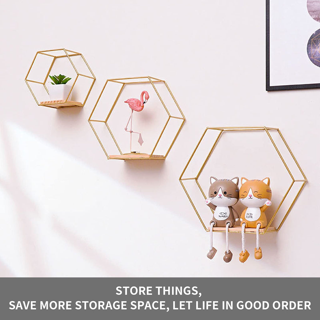 Hexagon Floating Shelves for Wall Decor, Set of 3 in Different Sizes, Gold