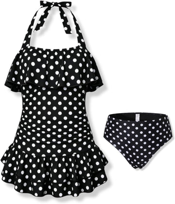 Teen Girl Swimsuit Two Piece Bikini Sets Halter Neck Polka Dots Cover Up Skirt Bathing Suit