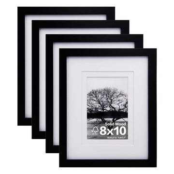 8x10 Picture Frames Set of 4, Made of Solid Wood Covered by Plexiglass 4x6 and 5x7 with Mat or 8x10 without Mat, for