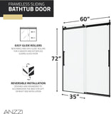 Frameless Sliding Shower Door 60 x 76 in Matte Black, 5/16 in Tempered Deco-Glass, Tsunami Guard Coating