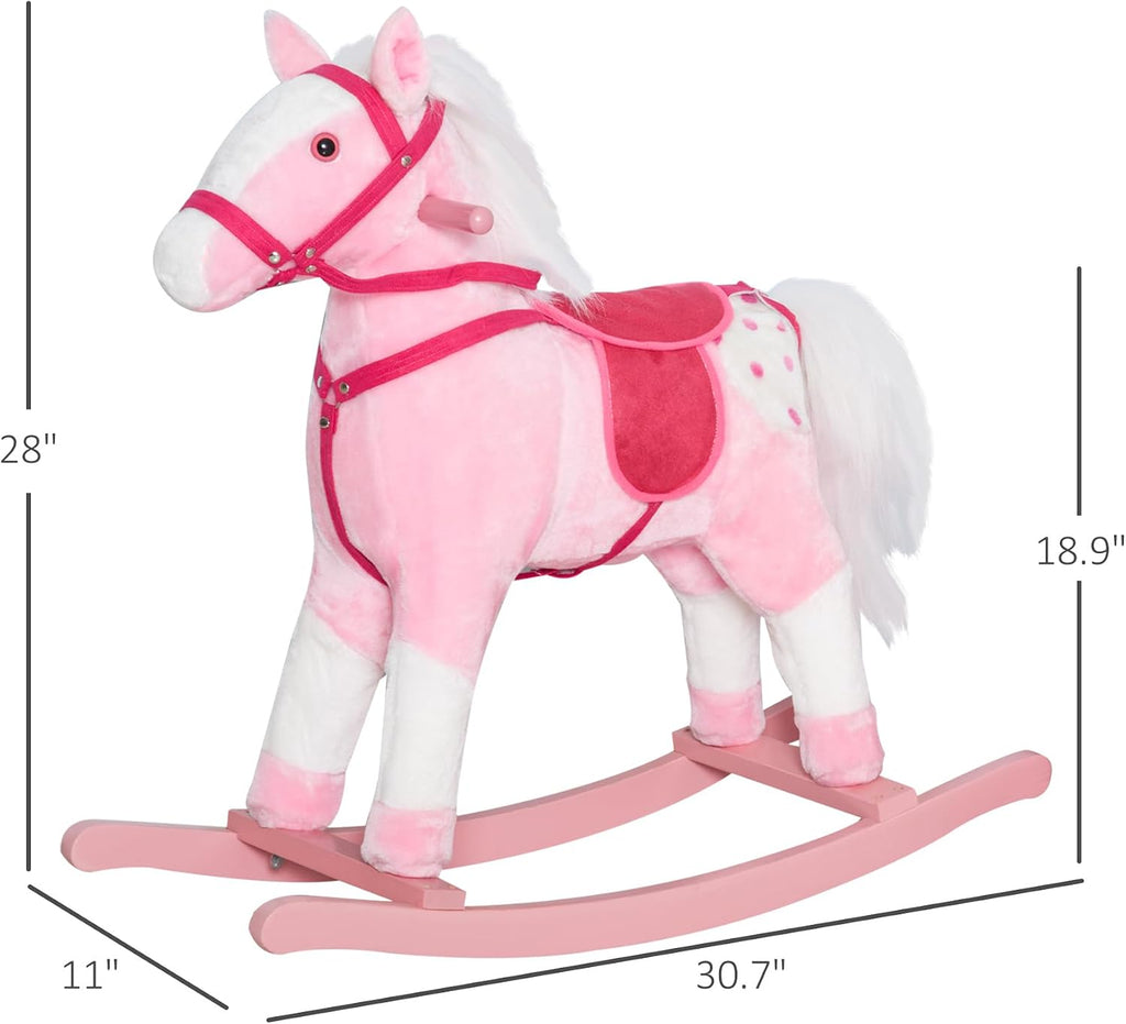 Kids Rocking Horse Plush Ride On Toy with Realistic Sounds, Pink
