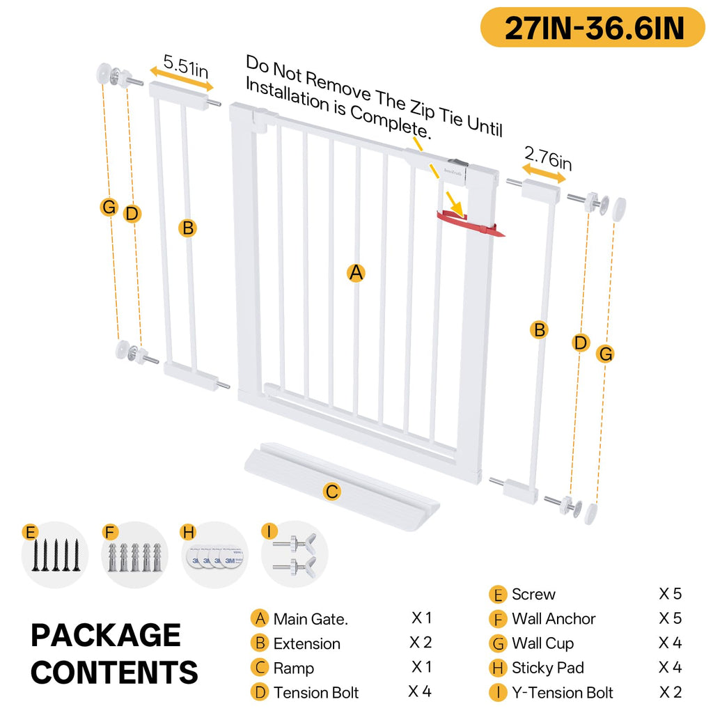 27-36.6 in Wide Baby Gate for Stairs and Doorways, White