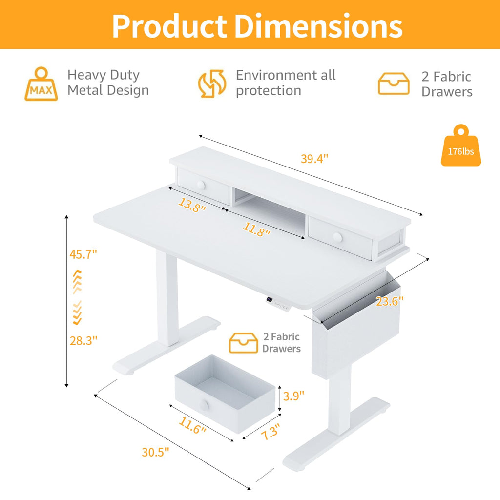 White Electric Standing Desk with Drawers, 40 Inch
