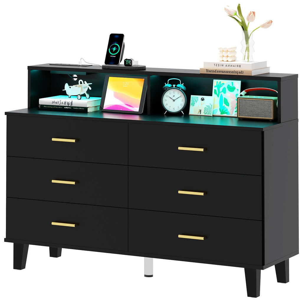 6 Drawers Dresser with LED Light and Power Outlet, Wood Black Dressers & Chests of Drawers, Large Double Dressers