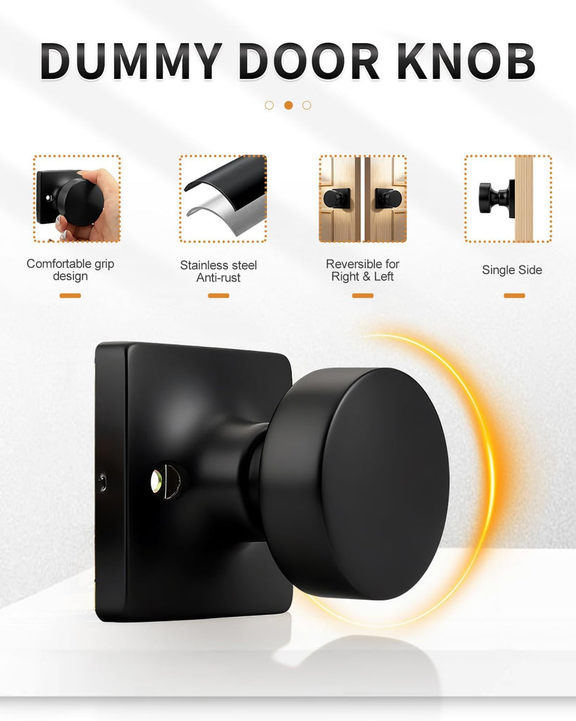 Matte Black Dummy Door Knobs Interior, Single Sided Dummy Door Handles for Closet 2 Pack, Standard Size Non-Turning