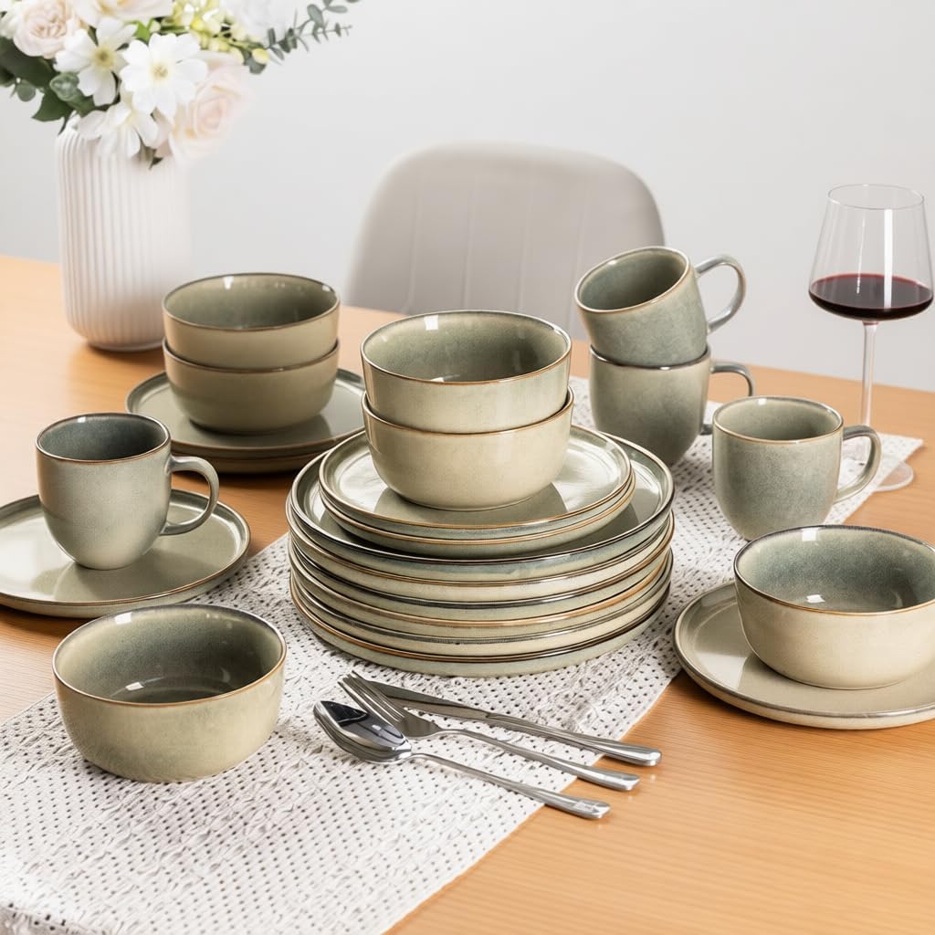 Stoneware Dinnerware Sets,Round Reactive Glaze Ceramic Plates and Bowls Sets,Highly Scratch Resistant | Dishwasher &