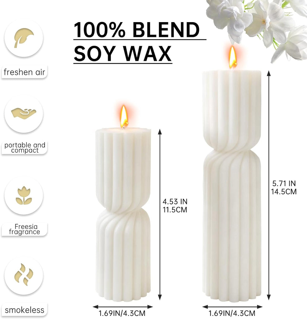 Ribbed Pillar Candles Handmade Soy Wax Scented Ribbed Candle,White - Set of 2