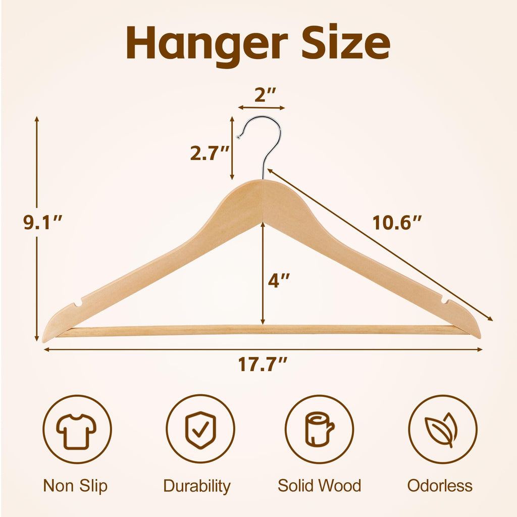 Wooden Clothes Hangers 50 Pack, Non-Slip Wood Hangers with 360° Swivel Hook & Shoulder Grooves, Coat Hanger for