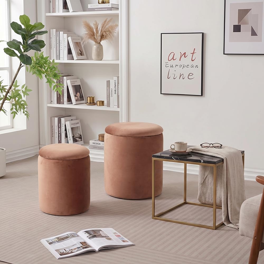 Round Storage Ottoman with Removable Lid, 2-Piece Upholstered Vanity Stool with Hidden Storage Space