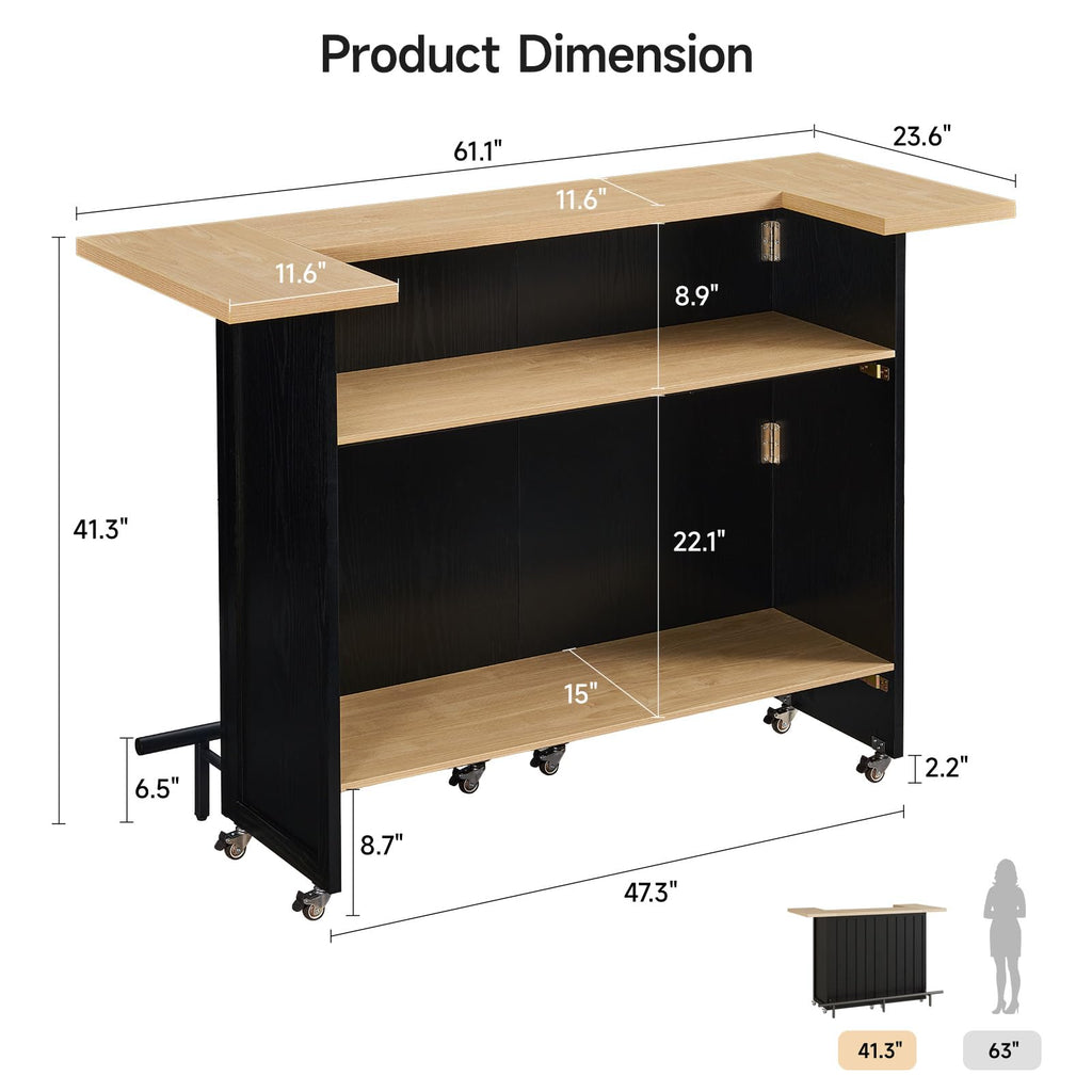 61" Foldable Bar Table, Mobile Party Bar Station on Lockable Wheel