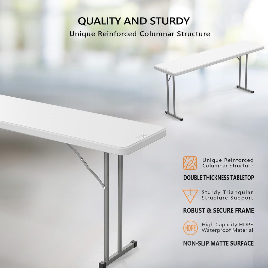 6 FT Narrow Folding Table, Premium Quality HDPE Material and Sturdy Metal Frame, Perfect for Buffet, Seminar, Party