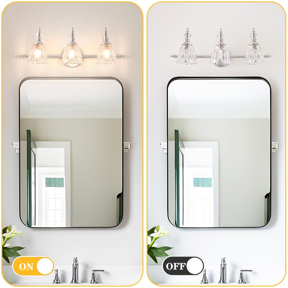 Brushed Nickel Vanity Light, Antique Bathroom Vanity Light Over Mirror, 3 Light Lighting Fixture with Flower Glass