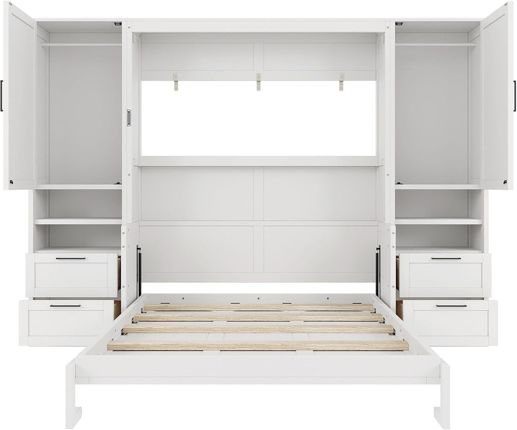 Murphy Bed Queen with Small Desk, Queen Wall Murphy Bed with Wardrobe, Drawers and Storage Shelves, No Box Spring