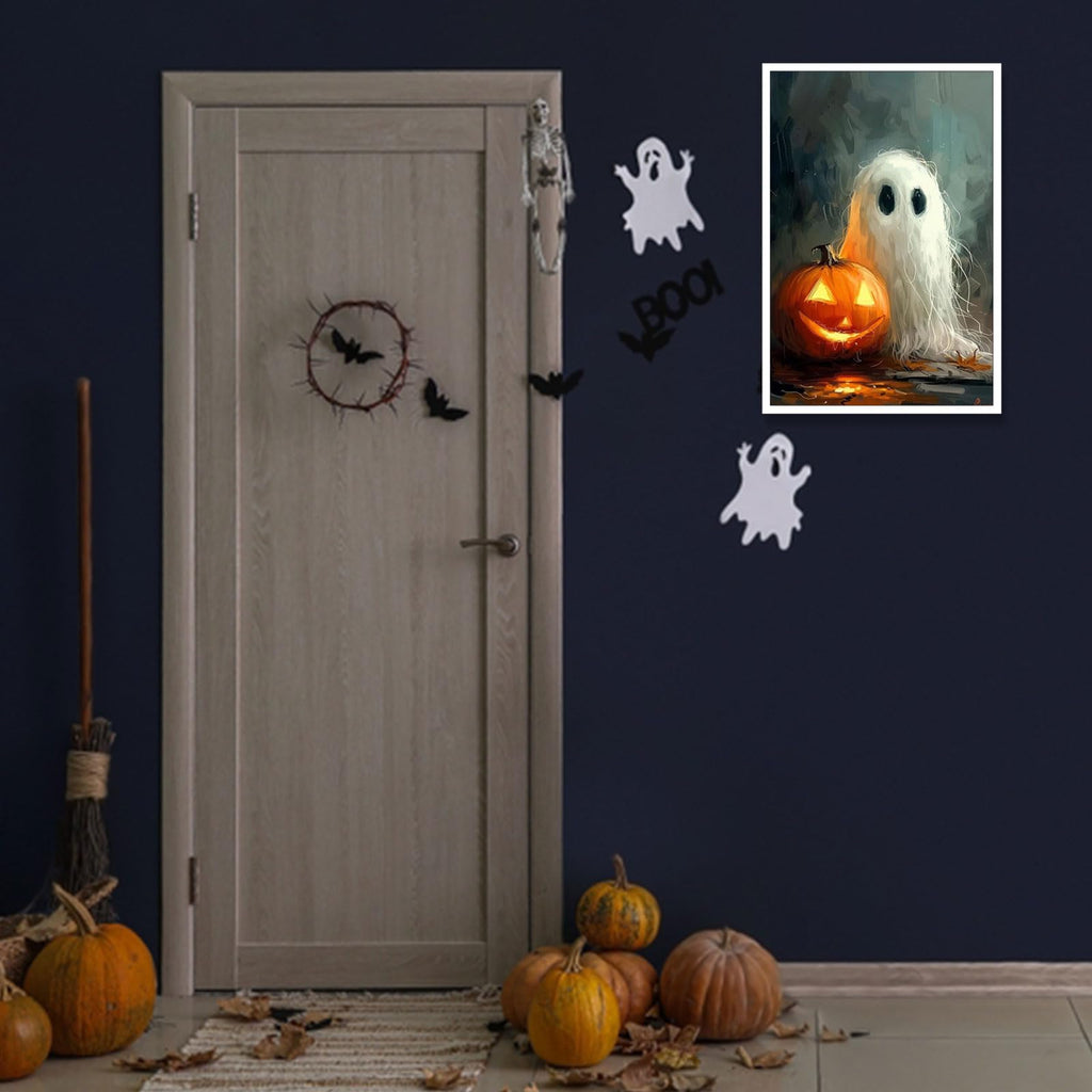 Retro Wild Spooky Ghost With Pumpkin Lantern Posters Cute Horror Scary Wall Art Eerie Forest Horror Ghost Plant