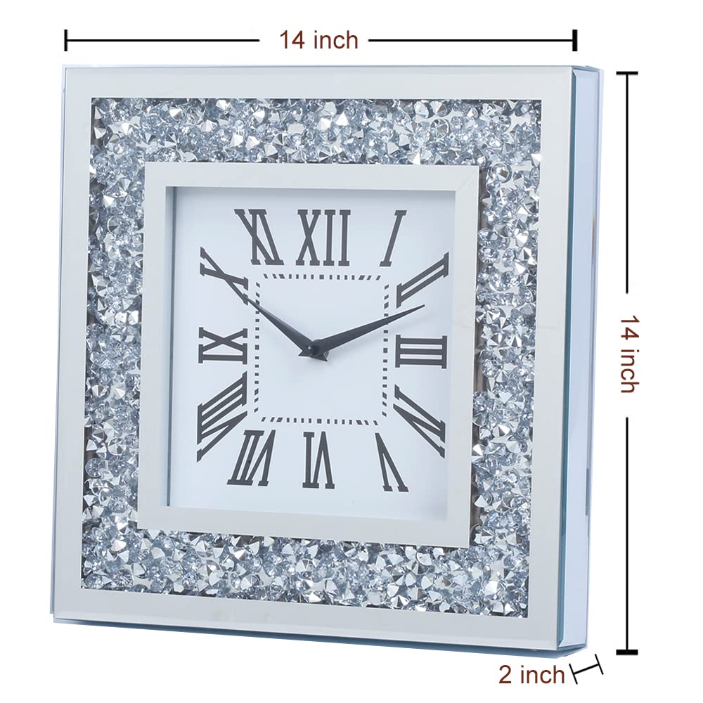 Decor Crushed Diamond Mirror Wall Clock with Crystal Decorations (Silver-Square 35CM)
