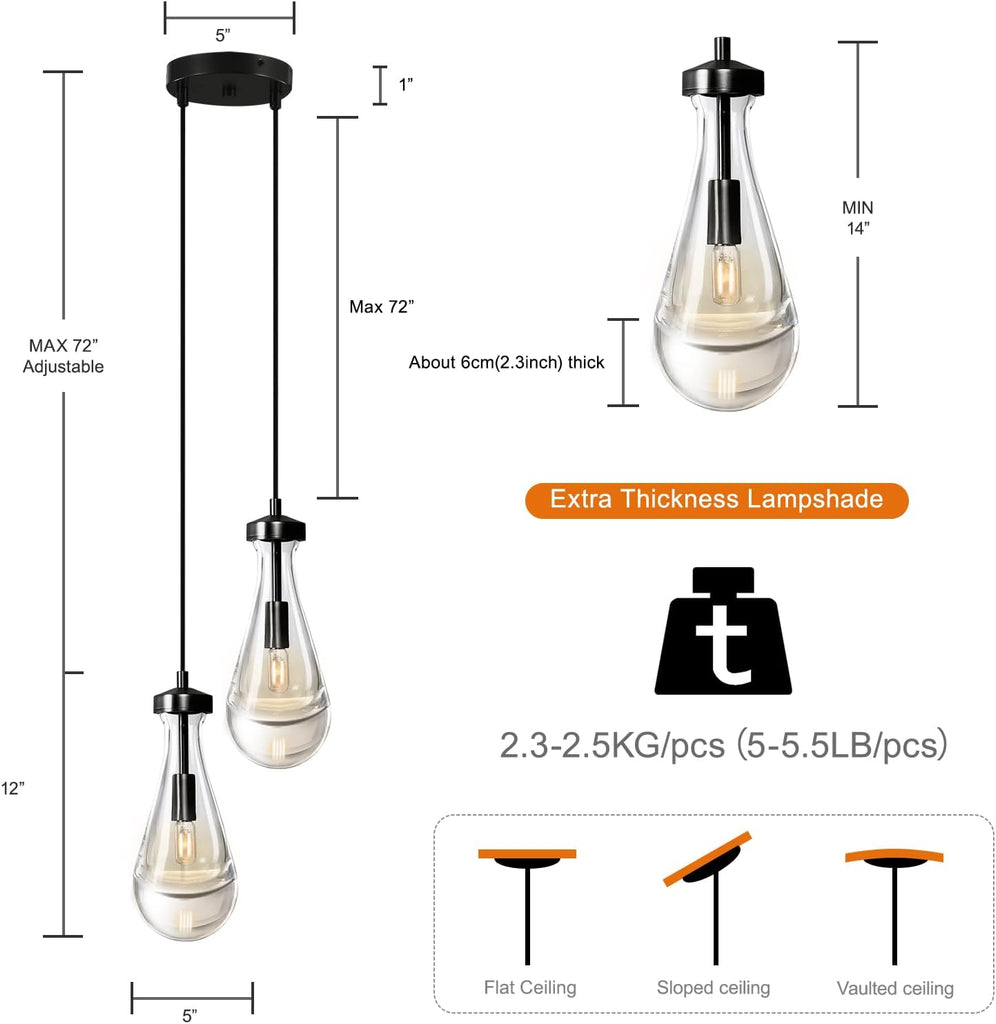 Raindrop Pendant Lights Kitchen Island Teardrop Black Hanging Light Fixtures Clear Solid Glass Pendant Light Modern Chandeliers for Dining Room Porch Corridor Living Room (2-Light) A121-B0DNDNBSCQ