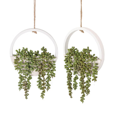 2pcs Artificial Succulents Hanging Plants 12.2'' Fake String of Pearls in Pot with 8.3'' Lanyard for Indoor Outdoor