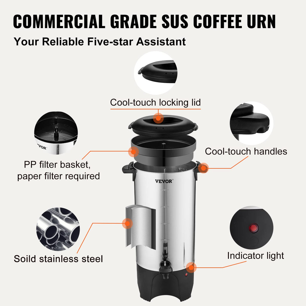Commercial Coffee Urn, 50 Cups/7.5qt Stainless Steel Large Coffee Dispenser, 1000W 110V Electric Coffee Maker Urn For