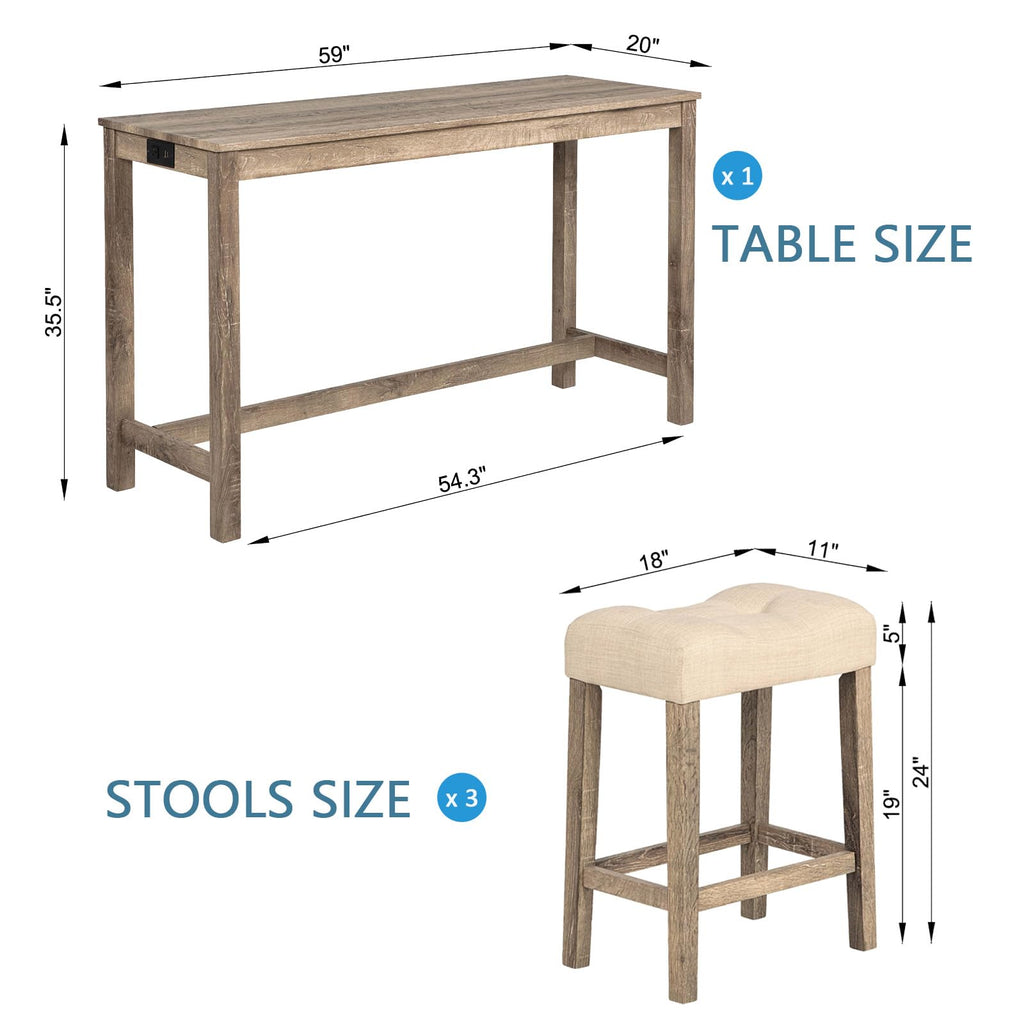 4 Piece Bar Table Set with Power Outlet, Behind Sofa Couch Table with 3 Linen Fabric Padded Saddle Seat Stools