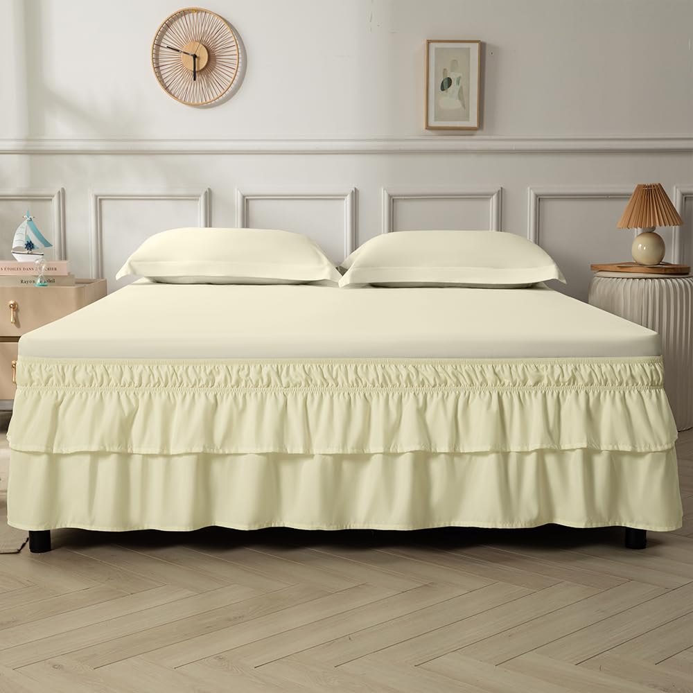 Double-Layered Ruffled Bed Skirt, Beige, 14" Drop
