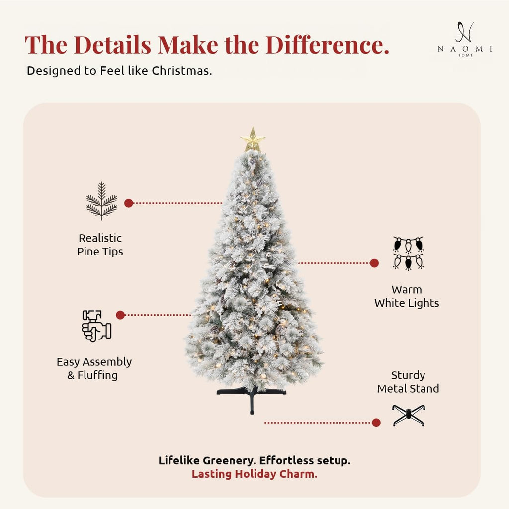 Darla 9ft Prelit Snow Flocked Christmas Tree, 720 Warm Lights