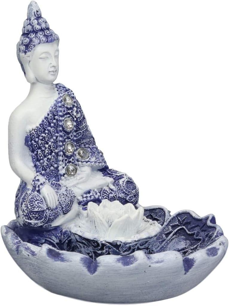 Bhumisparsha Mudra Buddha Amitabha Meditating by Padma Lotus Flower Incense Holder Burner Figurine in Terracotta Blue