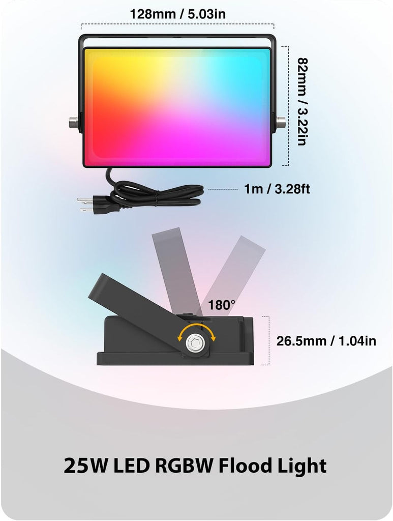 LED Flood Light Outdoor 250W Equivalent, 25W Color Changing RGBW Floodlight with Remote, 2700K Warm White IP66 Stage