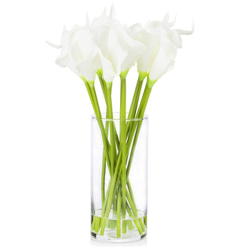 Artificial Real Touch Calla Lily Flower Arrangement in Clear Glass Vase with Faux Water Decor (White)