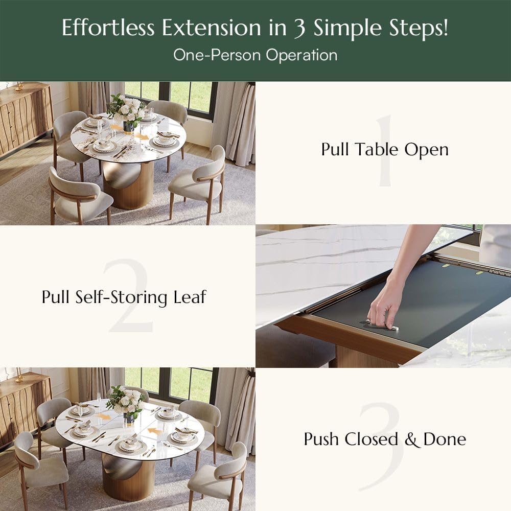 Modern Extendable Dining Table for 4-6, 47" to 63" Round to Oval Sintered Stone Kitchen Table with Carbon Steel Base