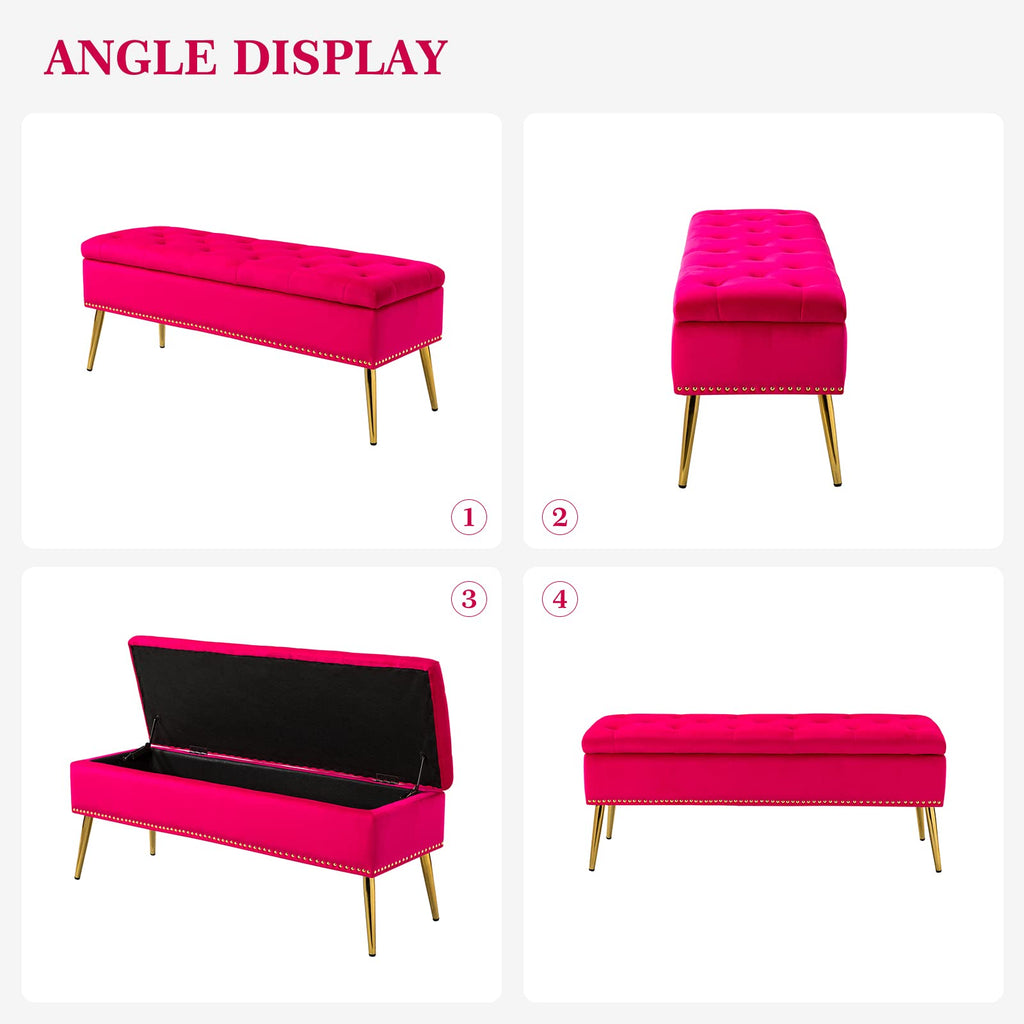 Modern Velvet Storage Ottoman Bench with Gold Base & Nailhead Trim, Upholstered Bedroom Bench for End of Bed