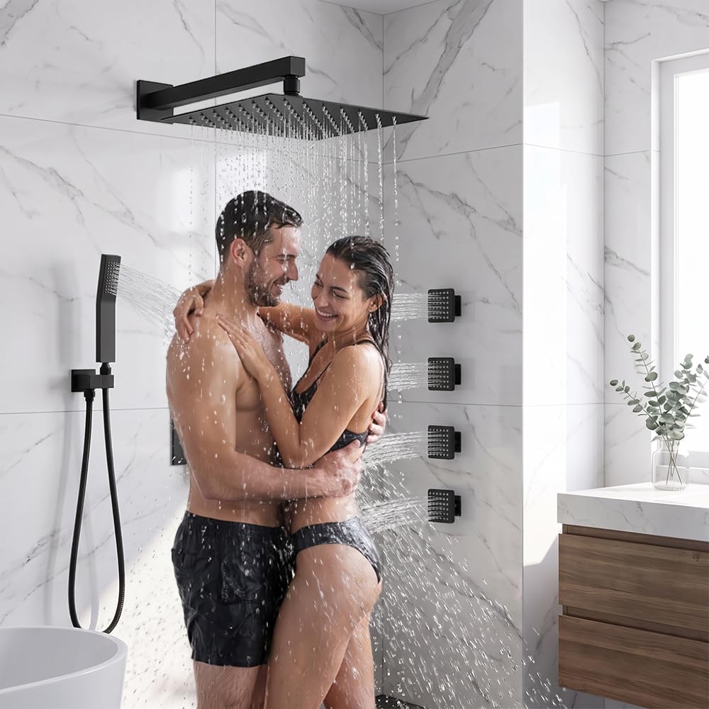 Shower System with Body Jets, Shower Faucet Sets 12" Rain Shower Head with Handheld Spray, Can Use at Same Time, Push