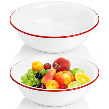 2 Pack 3 Quart Large Enamel Serving Bowl, 11" Unbreakable Vintage Metal Enamel Mixing Bowl, White and Red Kitchen
