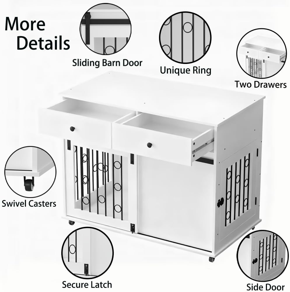 Dog Crate Furniture Wooden Dog Crate Pet Kennel - Dog Cage End Table, Sliding Barn Door, Lockable Wheels, White
