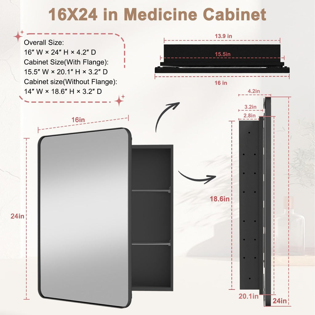 16x24 in Medicine Cabinet with Mirror , Matte Black | Fully Assembled; Recessed or Surface Wall Mount; Metal Cabinet