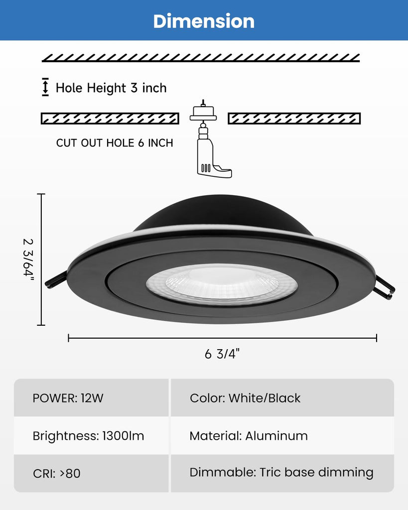 6 Inch Gimbal LED Recessed Lights 6 Pack,5CCT Canless Light Black