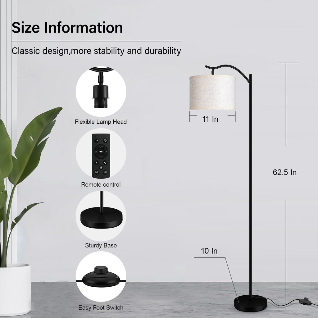 Floor Lamp, Arc Floor Lamp with Remote Control, Stepless Dimmable Brightness & Colors Temperature 2700k-6500k, Modern
