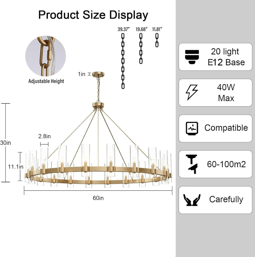 20-Lights Gold Chandelier,Wagon Wheel Chandelier with Glass Shade, 60 Inch Large Round Industrial High Ceilings Pendant Lighting Fixture for Dining Room, Living Room, Kitchen Island, Foyer A115-B0CNRHR35D