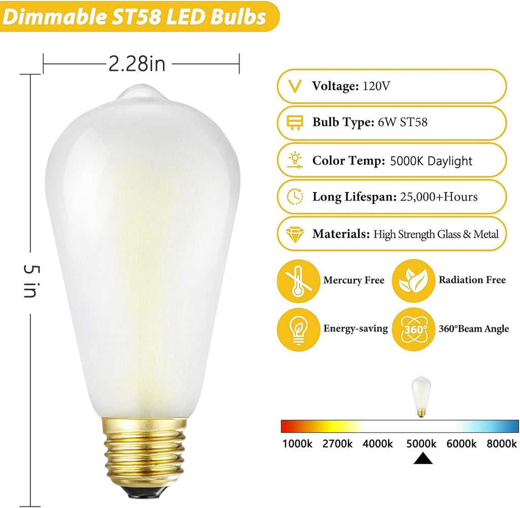 Dimmable E26 Edison Bulbs 60W Frosted 5000K Daylight White LED Bulb