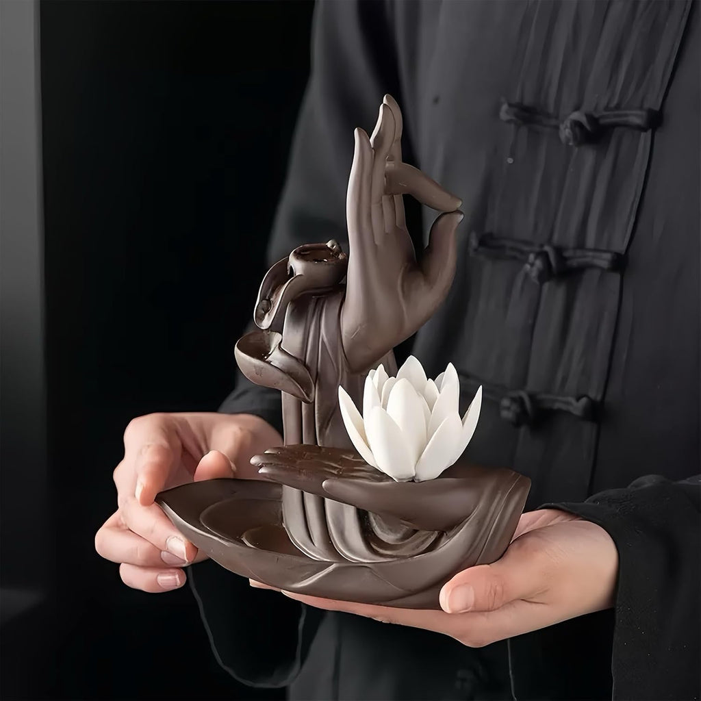 Lotus Hand Backflow Incense Burner- Ceramic Cones Incense Holder Waterfall Incense Burner & Incense Waterfall
