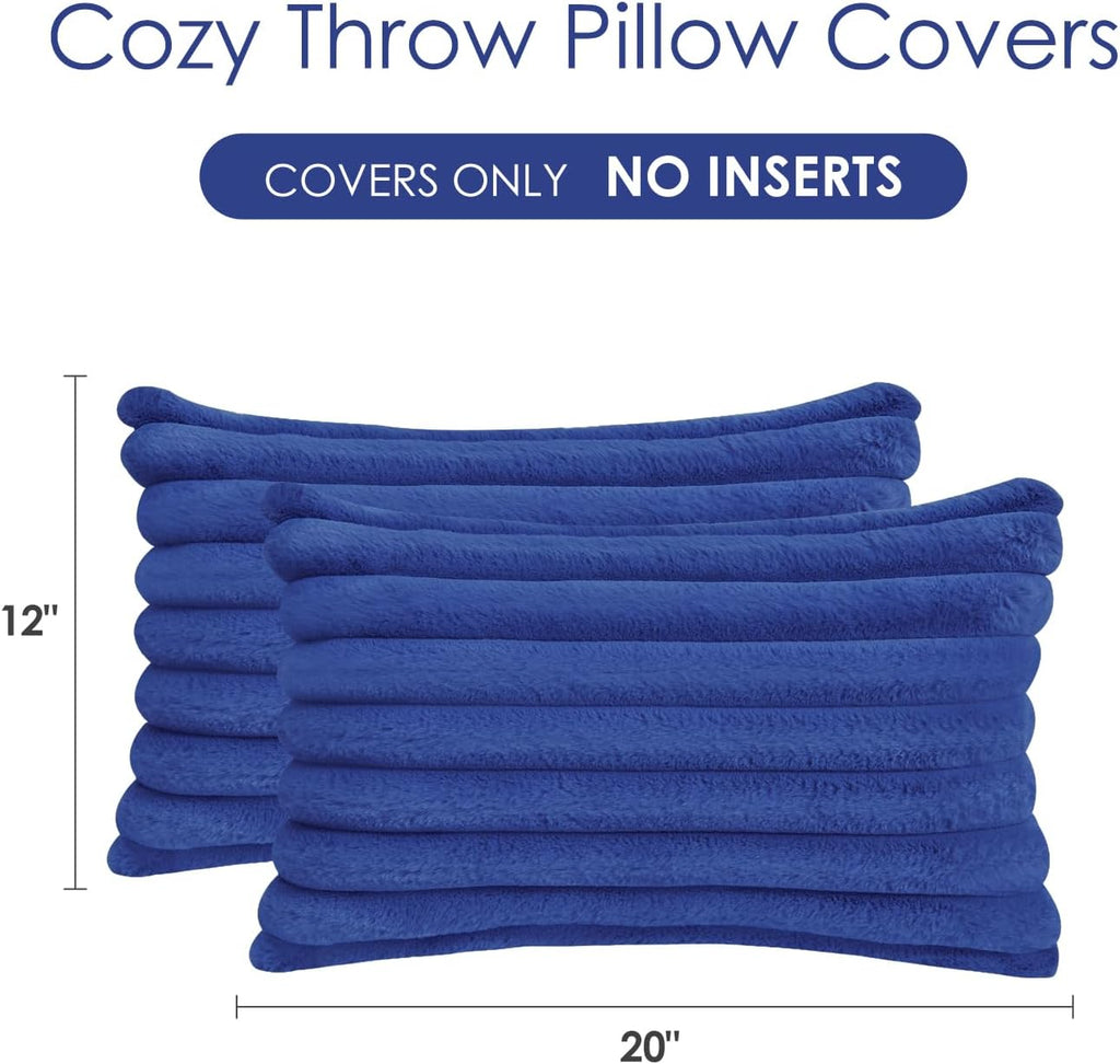 Throw Pillow Covers Decorative Faux Fur Set of 2 12x20 Inch Pillow Covers, Soft Navy Blue Lumbar Plush Striped