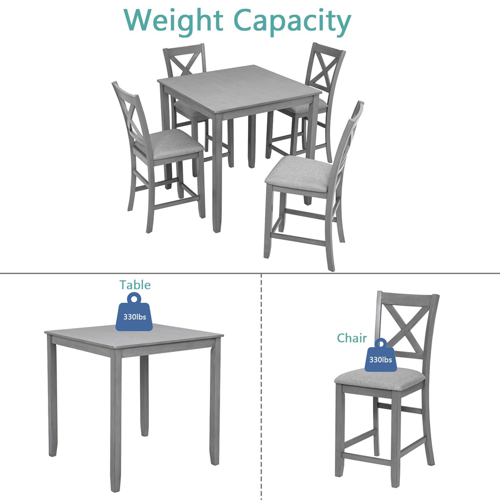 5-Piece Solid Wood Table Set for 4, Farmhouse Counter Height Kitchen Dining Table Set with 4 Upholstered Chairs Bar