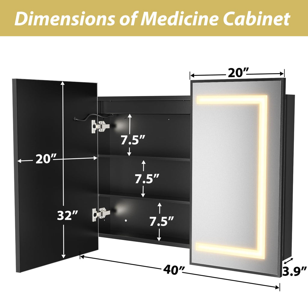 40x32 Inch Black Lighted Bathroom Medicine Cabinet with Mirror