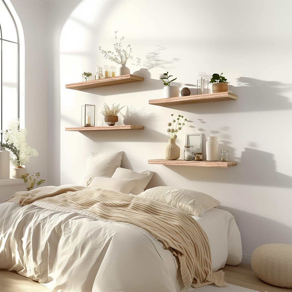 Light Wood Floating Shelves for Wall Rustic Wall Shelves Set of 6