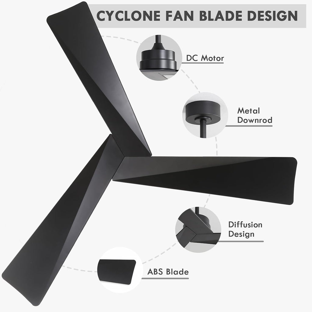 Inspired Adler Style 52" DC Ceiling Fan Without Light, 3 Sculpted ABS Blades, 6-Speed Remote - Matte Black