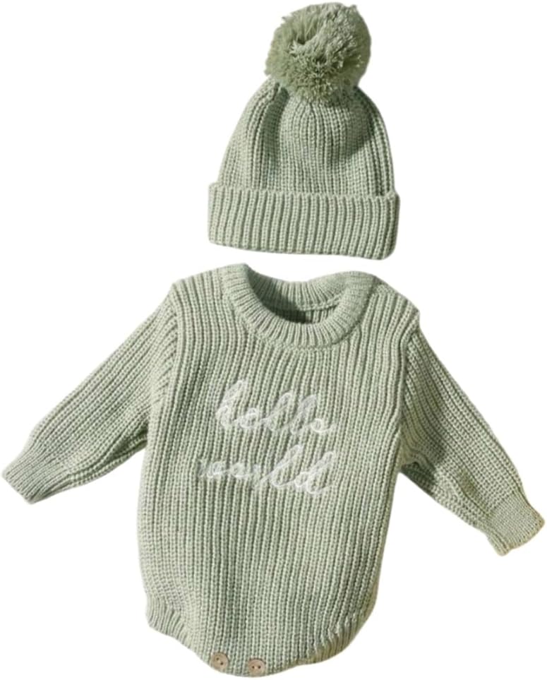 Knit Sweater and Beanie Hat Set, Pom Pom Detail, Long Sleve, Round Neck.