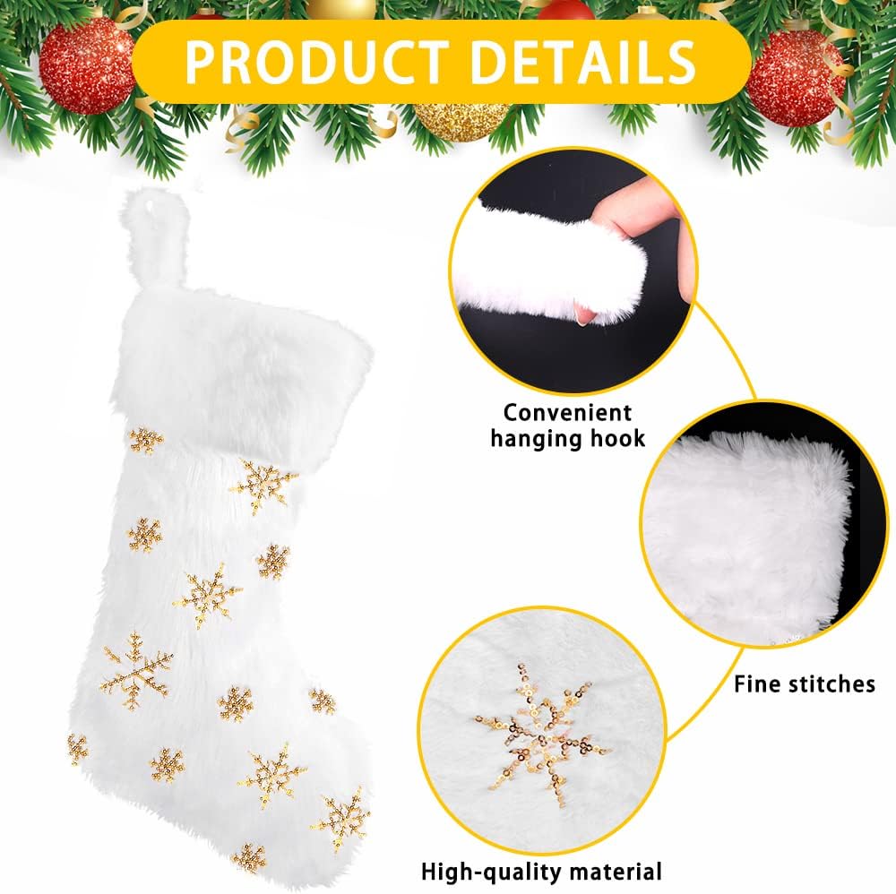 Christmas Stockings, 18" Faux Fur Sequin Snowflake Stocking - Set of 4