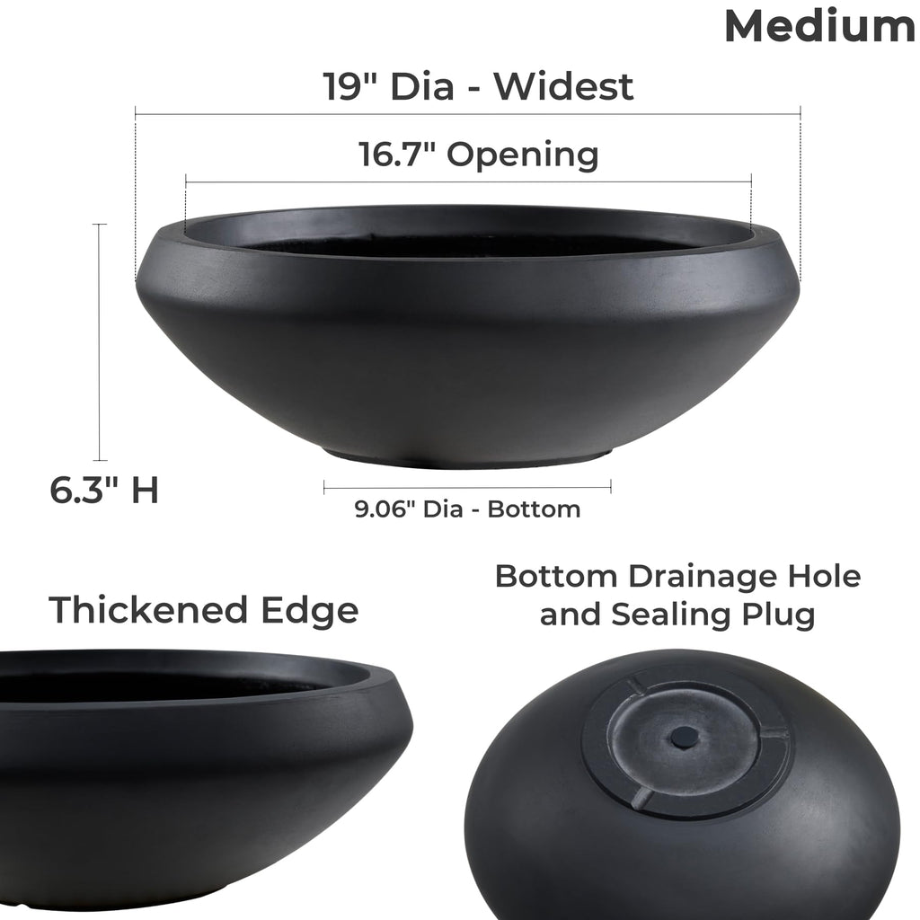 19" Dia Black Concrete Bowl Planter, Large Succulent Pot with Drain Hole