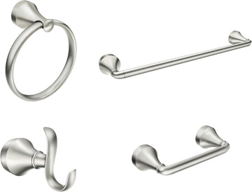 Y1394BN Wellton 4-Piece Bathroom Accessory Set, Brushed Nickel, Includes 18" Towel Bar, Towel Ring, Robe Hook, and