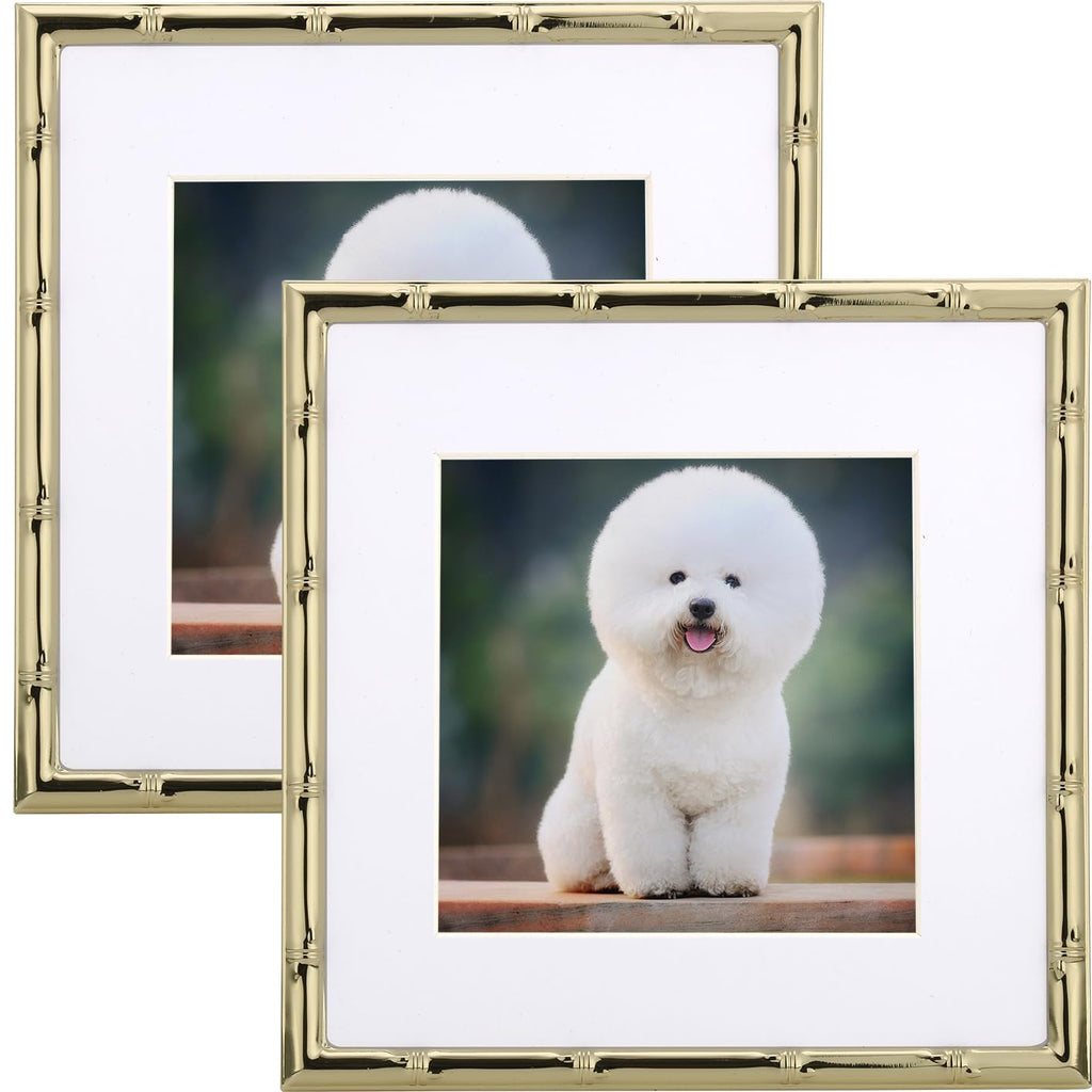 6x6'' Sqaure Gold Metal Picture Frame With Mat for 4x4'' Set of 2, Bamboo Detail Designs Gold Plated Photo Frames
